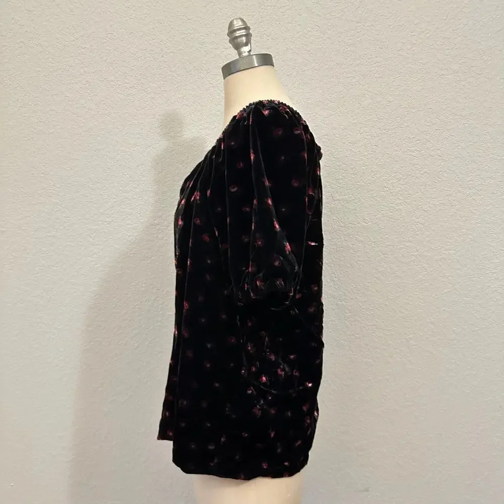 LOFT Blouse Black Ditsy Floral Velvet Short Puff Sleeve Sweetheart NWT